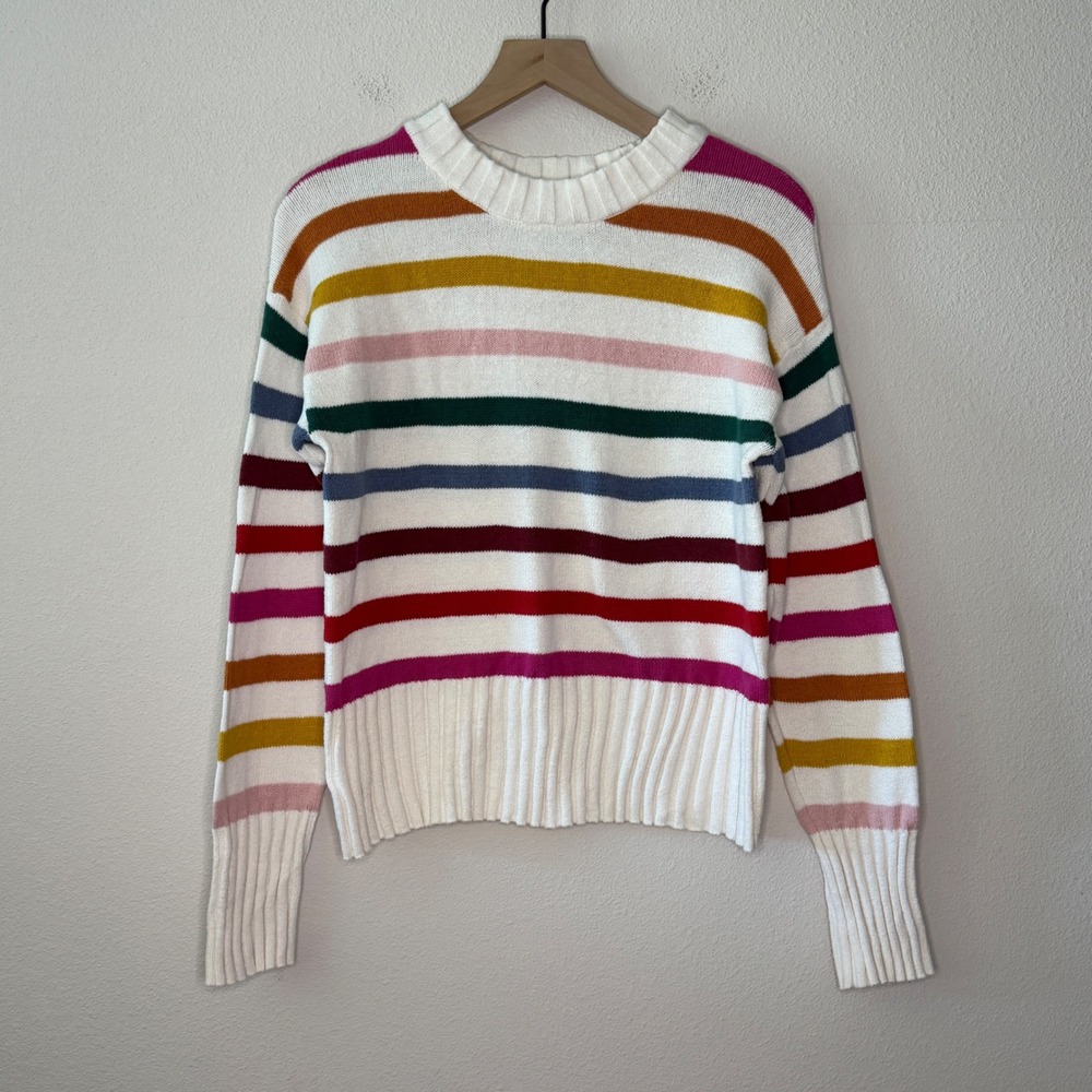 GAP Womens Multi Color Striped Crewneck Sweater Size S Rainbow Preppy Retro